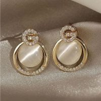Gold Plated Stone Décor Drop Circle Korean Earrings For Women For Girls Cubic Zirconia Alloy Earring Set