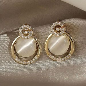 Gold Plated Stone Décor Drop Circle Korean Earrings For Women For Girls Cubic Zirconia Alloy Earring Set